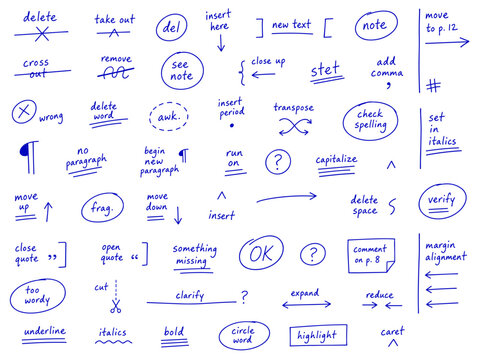 Handwritten proofreading marks and editing symbols for text correction