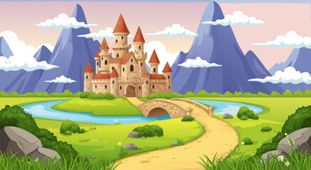 Naklejka premium Enchanting Castle in a Lush Green Landscape, Vector Illustration with Mountains and a Winding Path