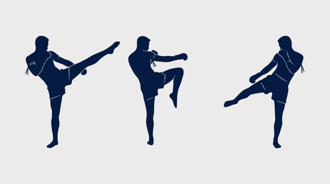 Silhouette of a muay thai fighter performing high kicks and boxing