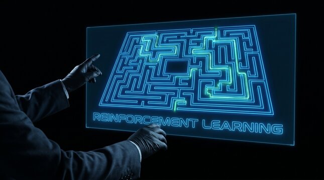 Futuristic digital maze representing reinforcement learning algorithm on a glowing screen.