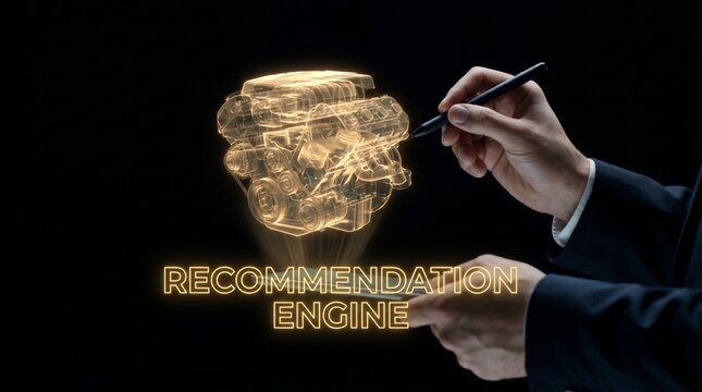 Business professional interacting with a glowing recommendation engine concept on a dark background.