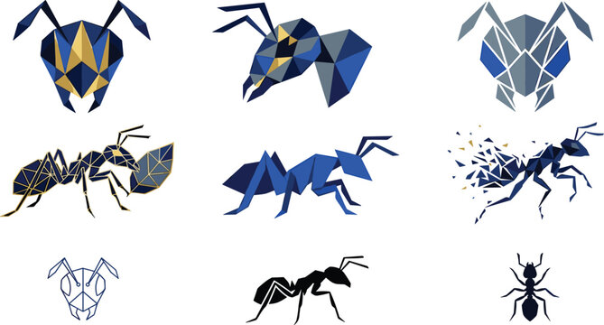 Geometric Polygon Ant Vector Illustration Collection Featuring Low Poly Insect Designs, Abstract Animal Shapes, and Modern Creative Graphic Art Elements