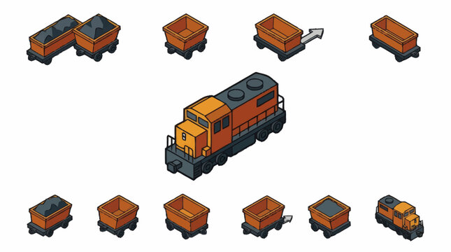 Isometric Train Engine and Coal Cars Collection.