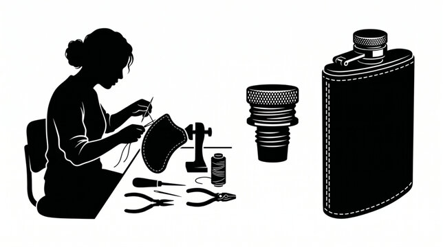 Leathercraft artisan sewing leather cover for metal hip flask silhouette vector illustration set