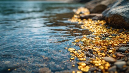 Fototapeta premium Shimmering gold nuggets nestled on rocky shore beside clear flowing water