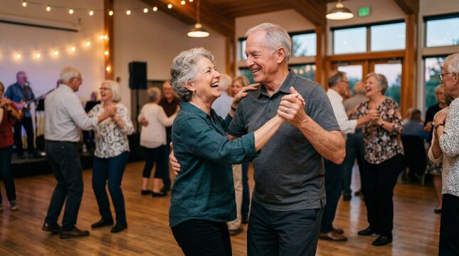 Happy senior woman and senior man dancing together at social event. Smiling elderly couple enjoying ballroom dance party. Active retirement lifestyle and social connection concept.