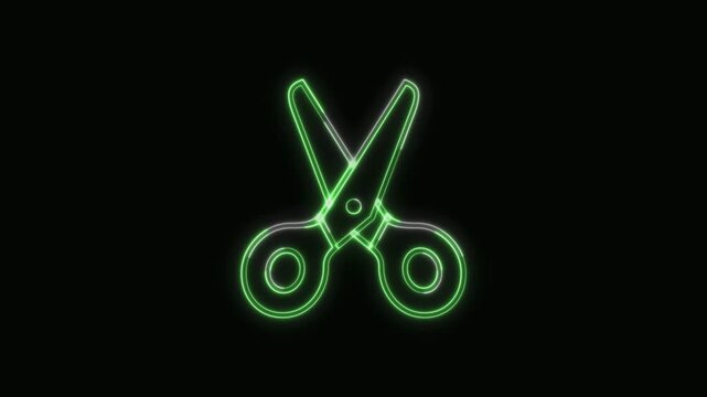  Scissors Icon Neon Seamless Loop 4K with Black Background Animated Promotional Typography for Video Editing