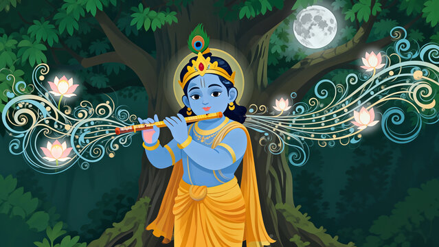 A serene illustration of Krishna playing a flute under a tree at night.