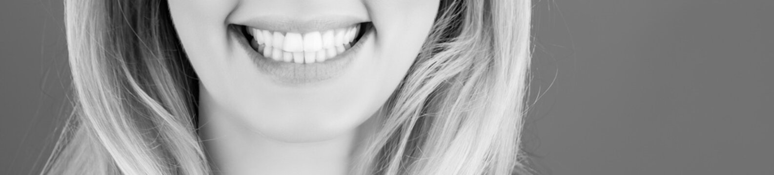 Healthy teeth smile woman. Teeth Whitening. Dental health Concept. Teeth whitening procedure. Black and white