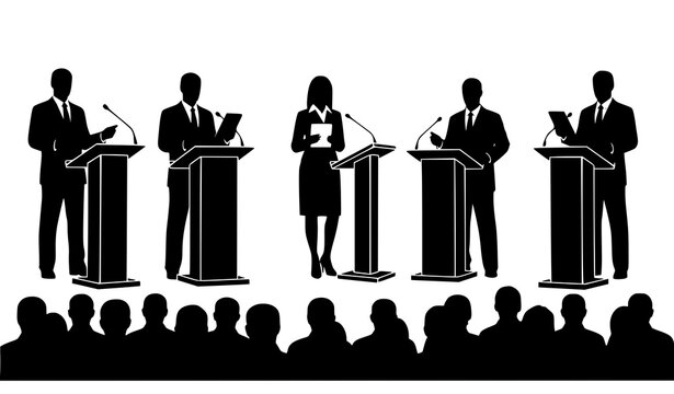 Panel discussion silhouette with audience vector illustration