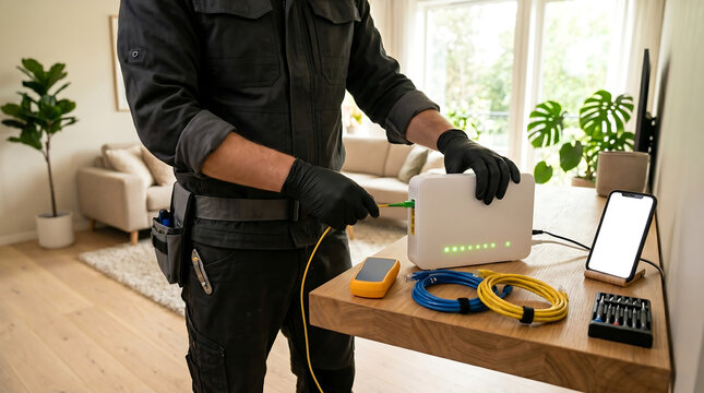 technician or IT specialist installing a white internet router connecting fiber optic cable on wooden table in living room home broadband setup or maintenance service