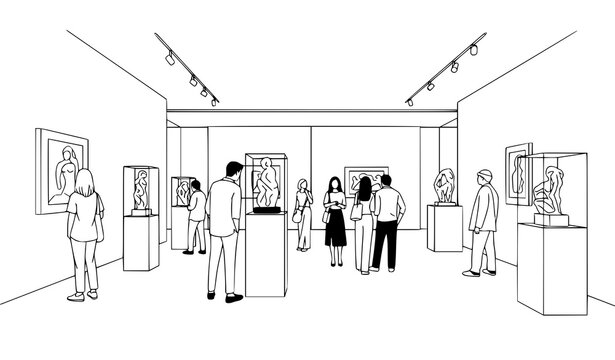 Art gallery visitors viewing sculptures and paintings in a modern space