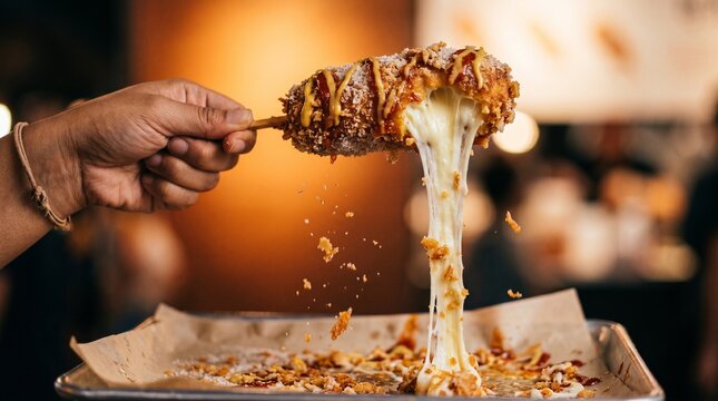 Melted cheese on a pulled fried chicken.