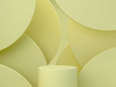 Cylindrical yellow podium on a background of circular layers against a minimal aesthetic spring background in butter yellow colors. Studio shot with geometrical forms.  Empty scene to display products