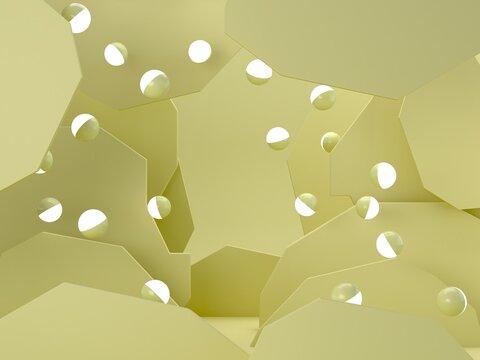 Spheres of light floating on a yellow background of abstract layers. Minimal aesthetic spring background in butter yellow colors. Showcase with geometrical forms. Empty scene to display products. 