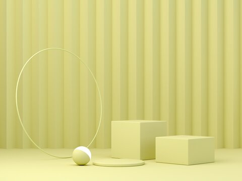 Cubes and cylinder podium with sphere light in minimal aesthetic spring background in butter yellow colors. Showcase with geometrical forms. Empty scene to display products. 