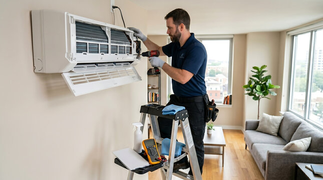 professional technician installing or repairing split air conditioner unit on wall using electric drill standing on ladder in apartment living room hvac maintenance service