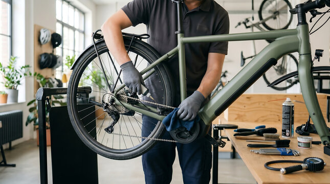 mechanic or technician lubricating bicycle chain with oil bottle and cleaning with cloth on repair stand in workshop bike maintenance service or tuning process