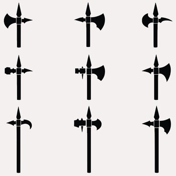  Medieval Halberd and Poleaxe Silhouette Set &ndash; Ancient European Long Shaft Weapons Vector Icons