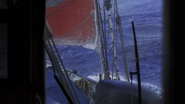 Snow Covered Sail in Rough Sea in Drake Passage