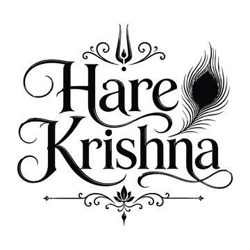 Hindu mantra Hare Krishna with feather and decorative elements on white