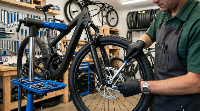 professional bike mechanic repairing mountain bicycle disk brake system using torque wrench on maintenance stand in workshop garage full of tools and equipment