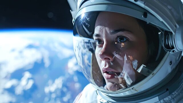 Female astronaut in a spacesuit looking out a spaceship window at planet Earth