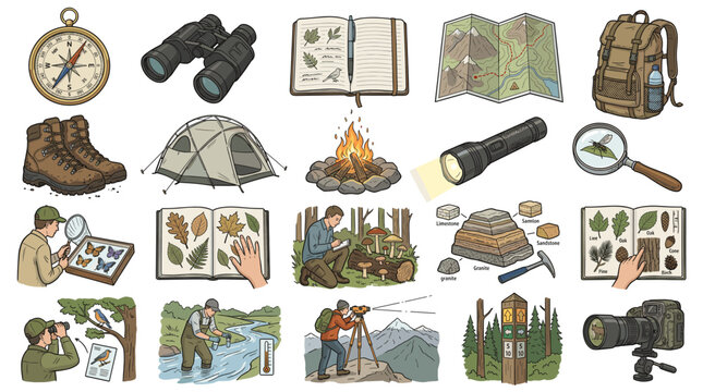 Outdoor camping and hiking icon set with compass, binoculars, map, backpack, boots, tent, campfire, flashlight, nature tools and adventure scenes.