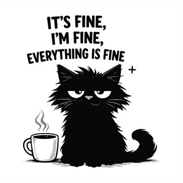 A black cat sits with a steaming cup of coffee and a humorous expression, conveying a carefree attitude towards life's challenges indoors.