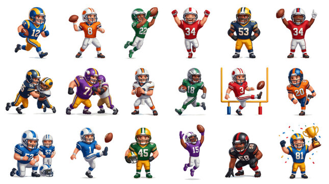 Cartoon American football character set with players, uniforms, helmets, mascots, referees, goal posts and game action poses.