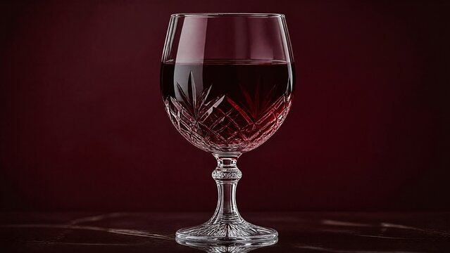 Elegant crystal goblet filled with deep red wine in close-up view.