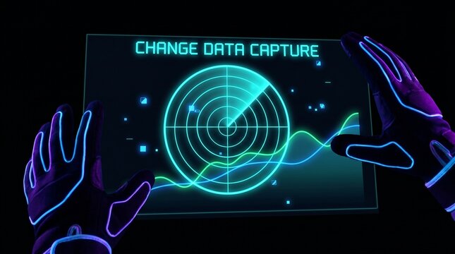 Futuristic interface for change data capture with neon hands and radar display.