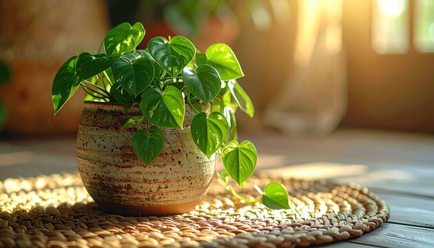 Heart-shaped philodendron plant with trailing vines bathed in warm sunlight indoors