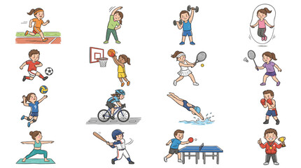 Naklejka premium Active kids sports illustration set showing children playing basketball, soccer, tennis, cycling, swimming, gymnastics, skiing and other outdoor activities.