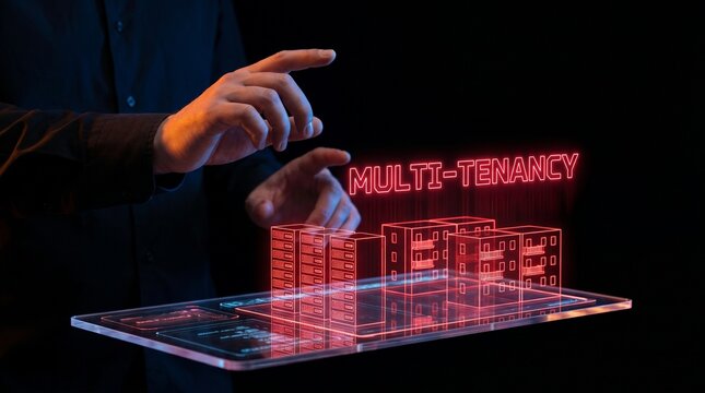 Multi Tenancy Cloud Computing Architecture Concept with Holographic Display and Data Center Models.
