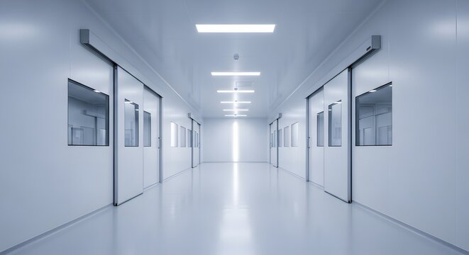 A long, sterile, and brightly lit corridor in a modern cleanroom or laboratory facility, featuring multiple doors on both sides and a vanishing point with bright light.