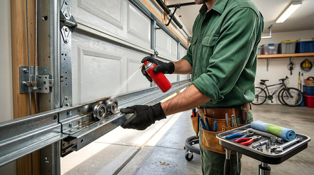 professional technician or handyman spraying lubricant oil on sectional garage door tracks and rollers using spray can during maintenance and repair service in house garage