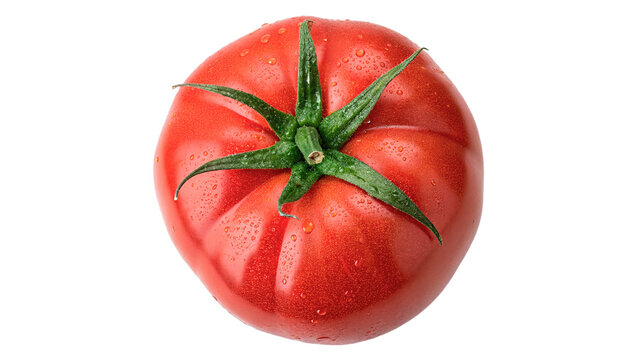 A single fresh ripe red organic tomato vegetable with green stem isolated on transparent background