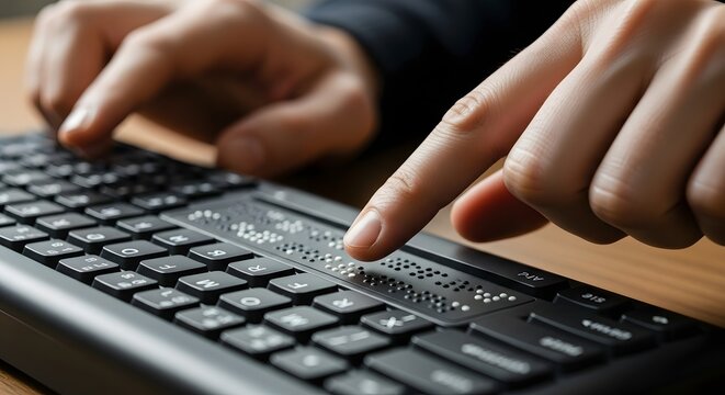 A close-up shot of a person's fingers typing on a Braille keyboard, highlighting accessibility in technology.