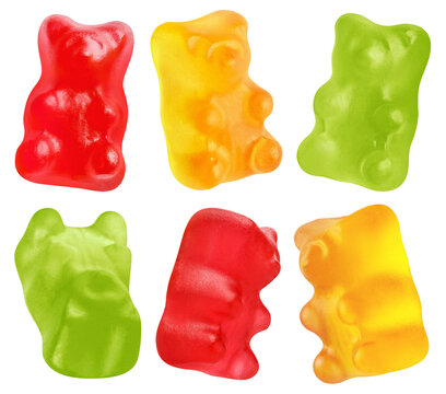 Set of colorful gummy bear candies, isolated on cutout transparent background