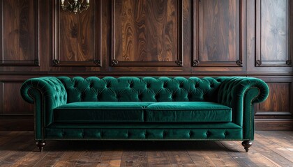 Naklejka premium Luxurious deep emerald green velvet chesterfield sofa with ornate paneling and chandelier