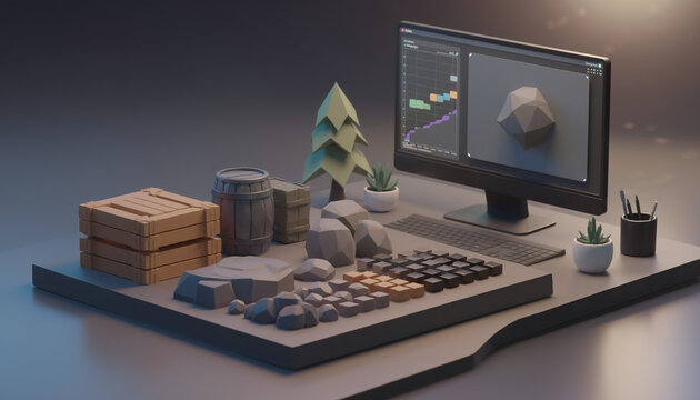 3D artist's desk with computer displaying modeling software and various low-poly game assets.