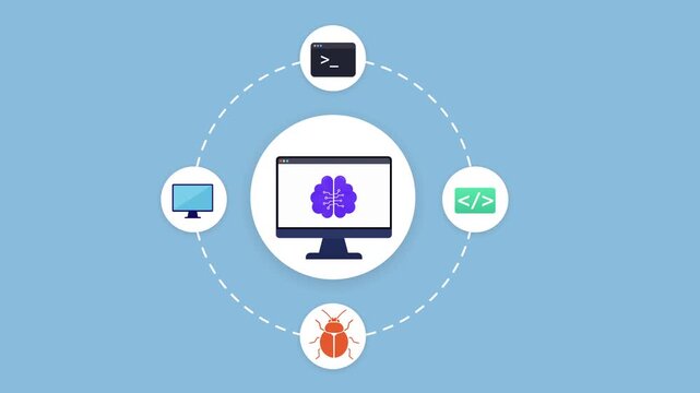 Animated flat technology dashboard featuring software testing elements, connected digital services, and centralized workflow interface in a modern development ecosystem.