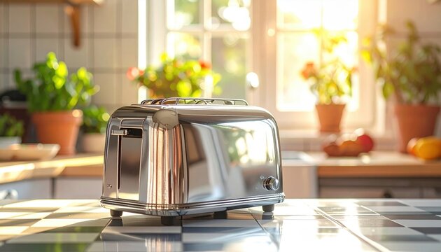 Polished chrome retro toaster on a kitchen countertop bathed in warm sunlight