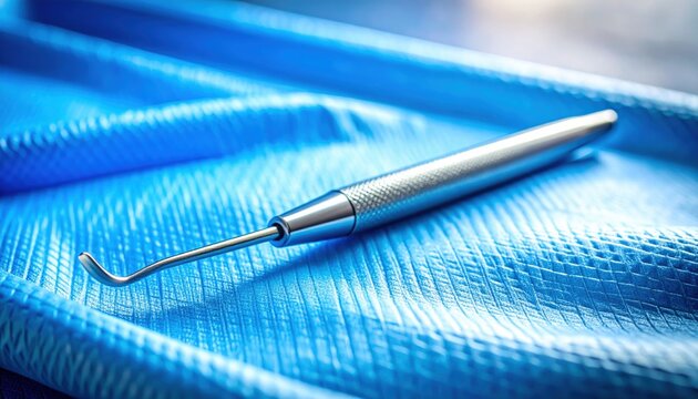 Silver dental prophylaxis scaler instrument resting on blue textured fabric background