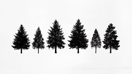 Fototapeta premium Seven pine trees stand tall in a snowy landscape with coniferous trees.