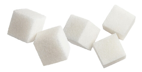 White sugar cubes floating, isolated on cutout transparent background