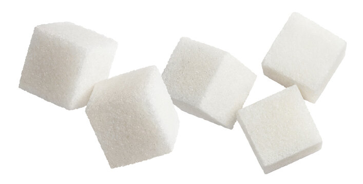 White sugar cubes floating, isolated on cutout transparent background