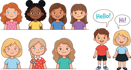 PrintHappy Diverse Kids Character Avatars Set with Cute Children Saying Hello and Hi Speech Bubbles Vector Graphic Design © MDJulfikar