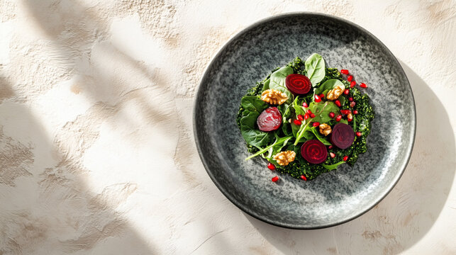 Top view of traditional Georgian pkhali salad with beetroot, walnuts and pomegranate seeds on a ceramic plate
